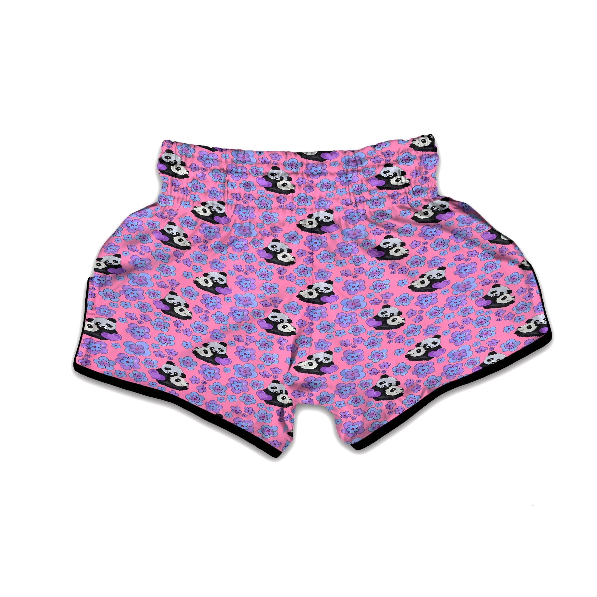 Flower And Purple Panda Print Pattern Muay Thai Boxing Shorts-grizzshop