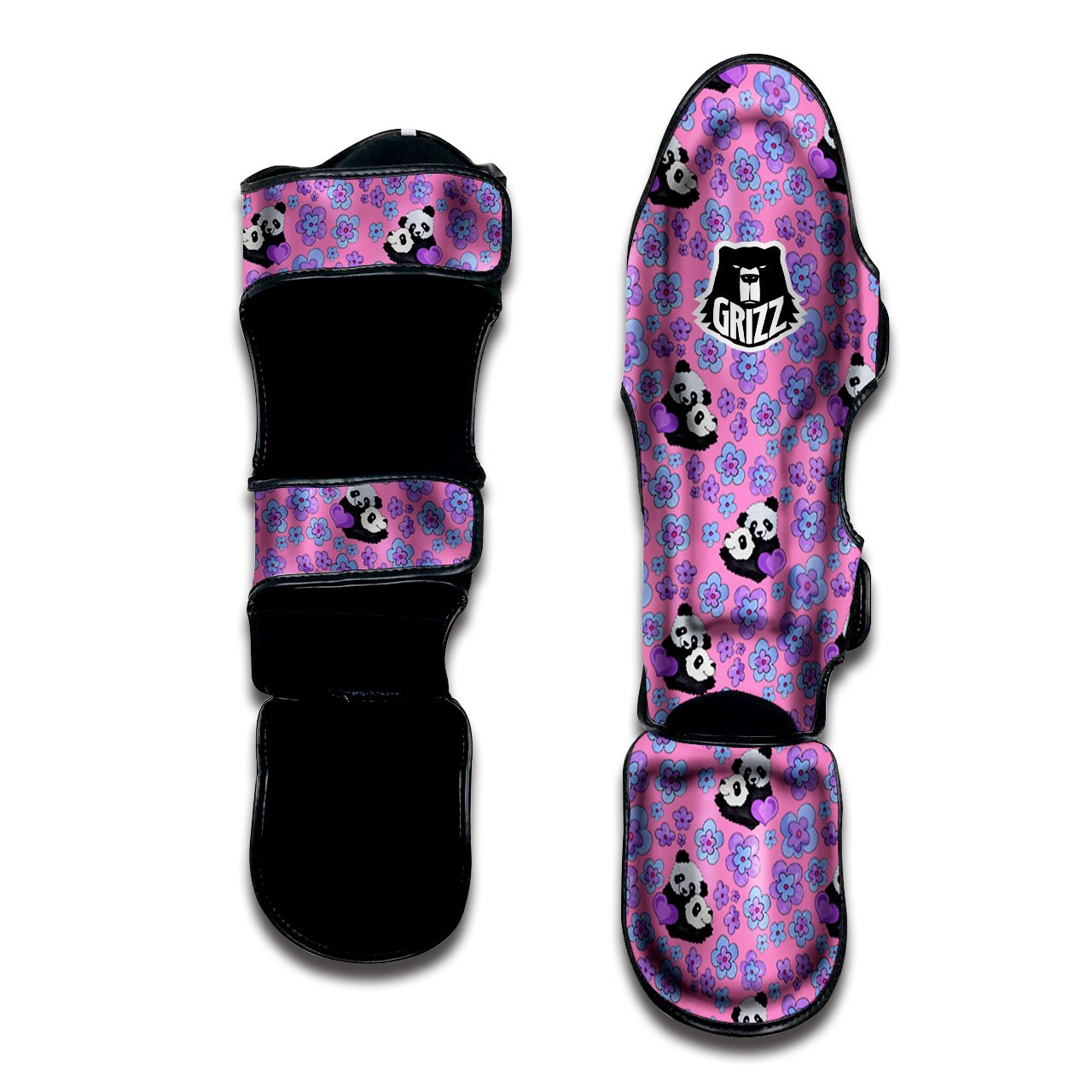 Flower And Purple Panda Print Pattern Muay Thai Shin Guards-grizzshop