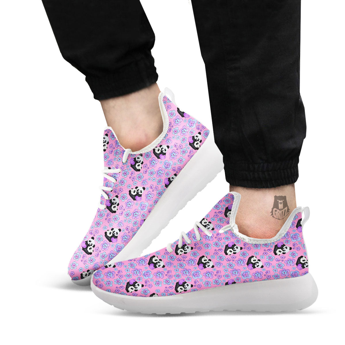 Flower And Purple Panda Print Pattern White Athletic Shoes-grizzshop