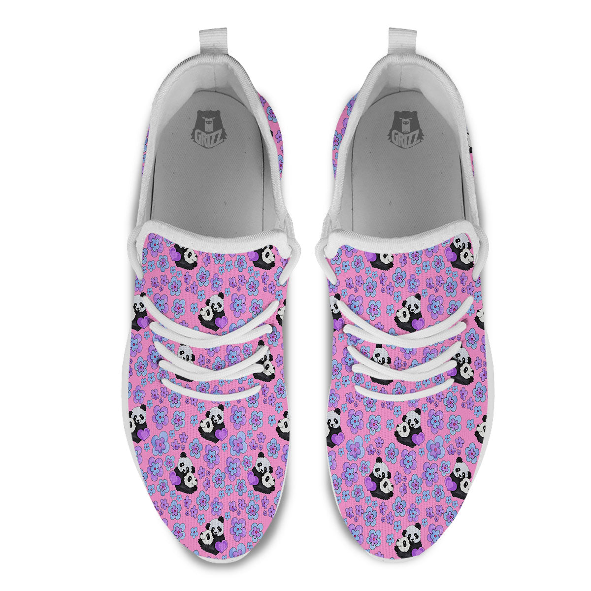 Flower And Purple Panda Print Pattern White Athletic Shoes-grizzshop