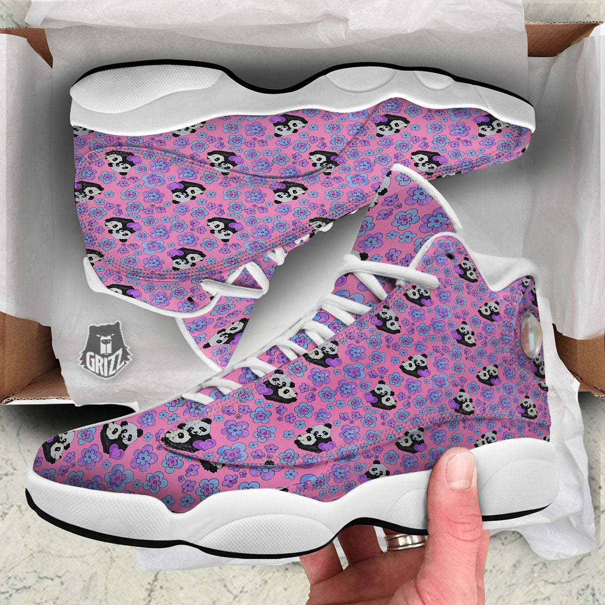 Flower And Purple Panda Print Pattern White Basketball Shoes-grizzshop