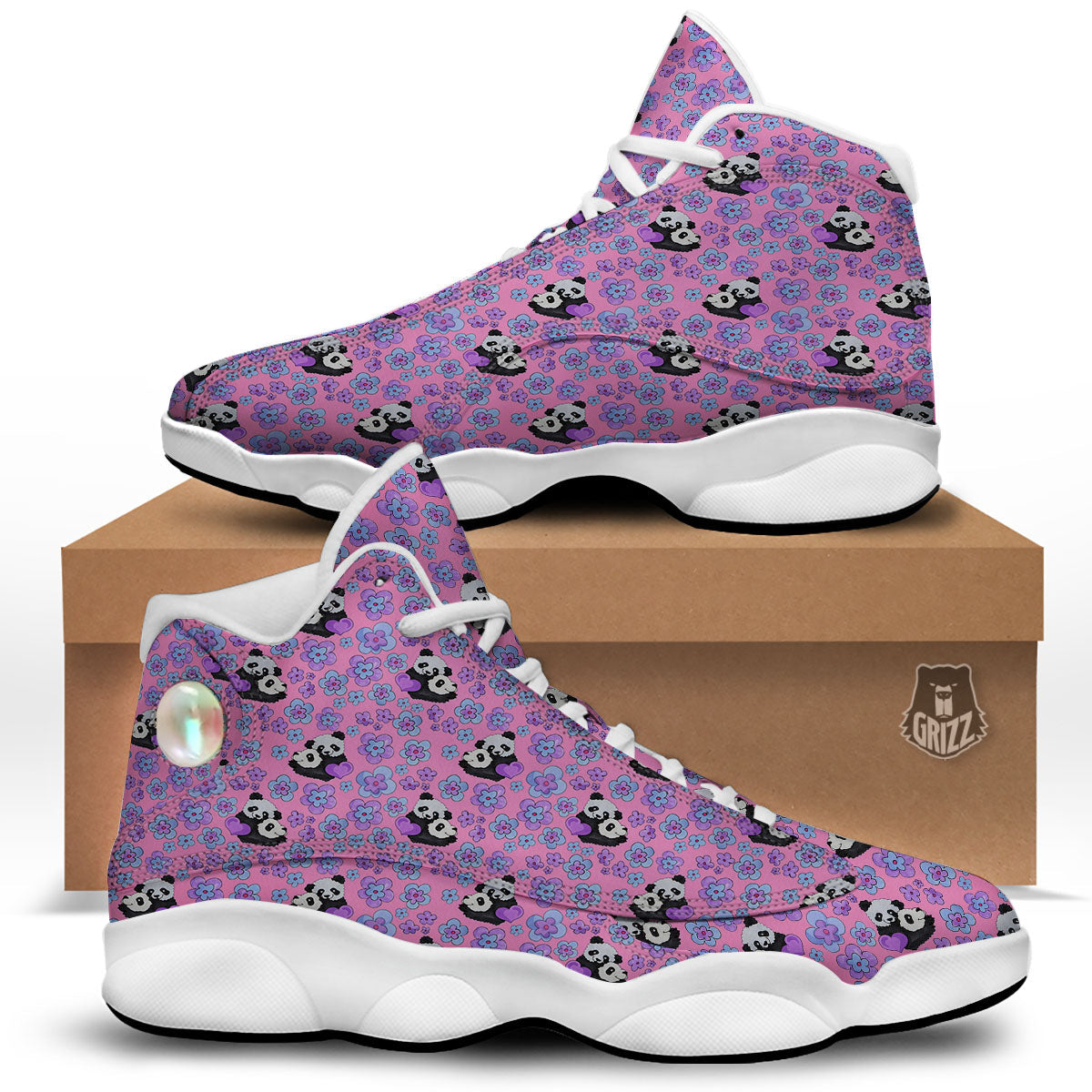 Flower And Purple Panda Print Pattern White Basketball Shoes-grizzshop