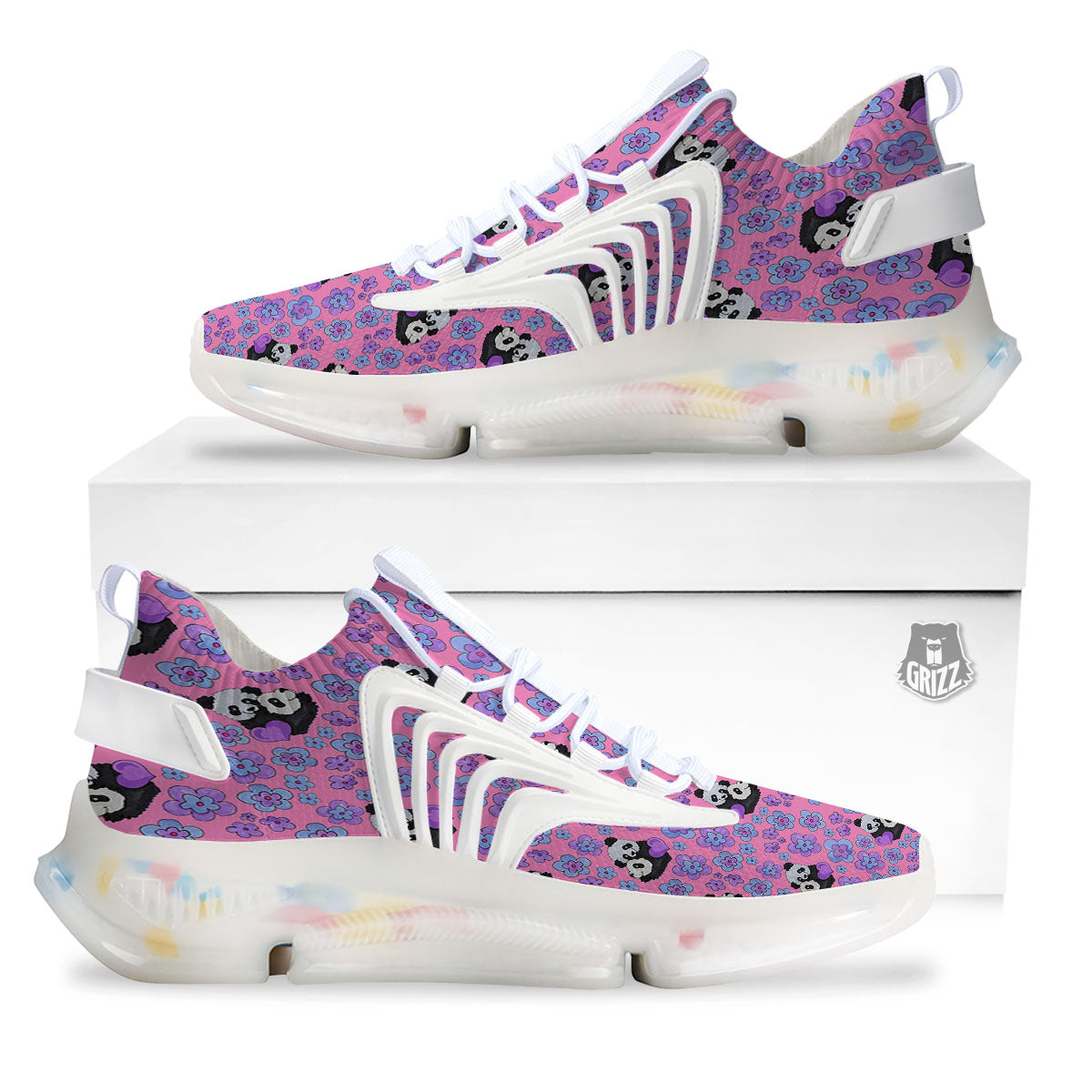Flower And Purple Panda Print Pattern White Gym Shoes-grizzshop