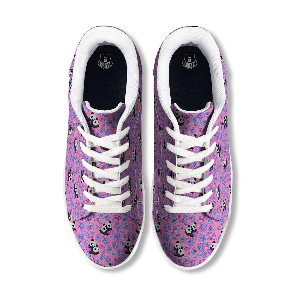 Flower And Purple Panda Print Pattern White Low Top Sneakers-grizzshop