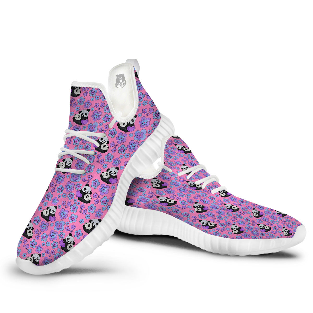 Flower And Purple Panda Print Pattern White Walking Shoes-grizzshop