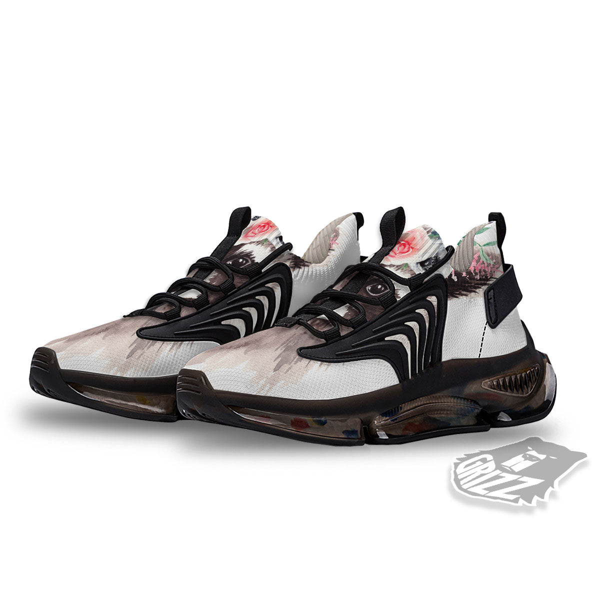 Flower And Raccoon Print Black Gym Shoes-grizzshop