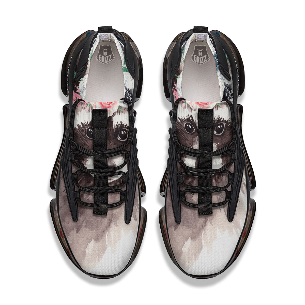 Flower And Raccoon Print Black Gym Shoes-grizzshop