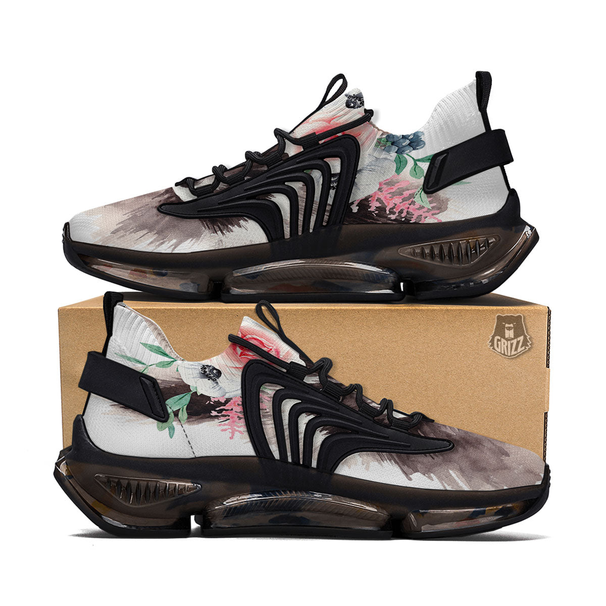 Flower And Raccoon Print Black Gym Shoes-grizzshop