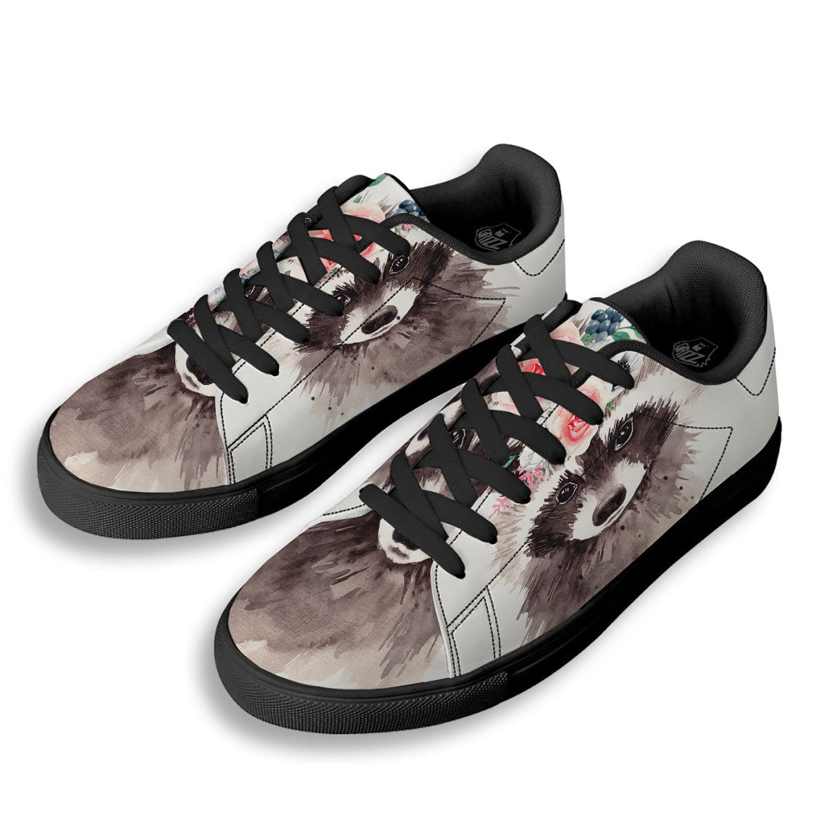 Flower And Raccoon Print Black Low Top Sneakers-grizzshop