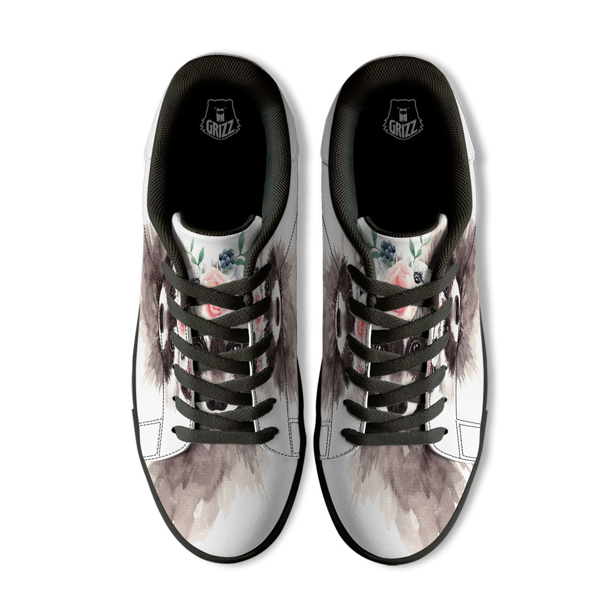Flower And Raccoon Print Black Low Top Sneakers-grizzshop