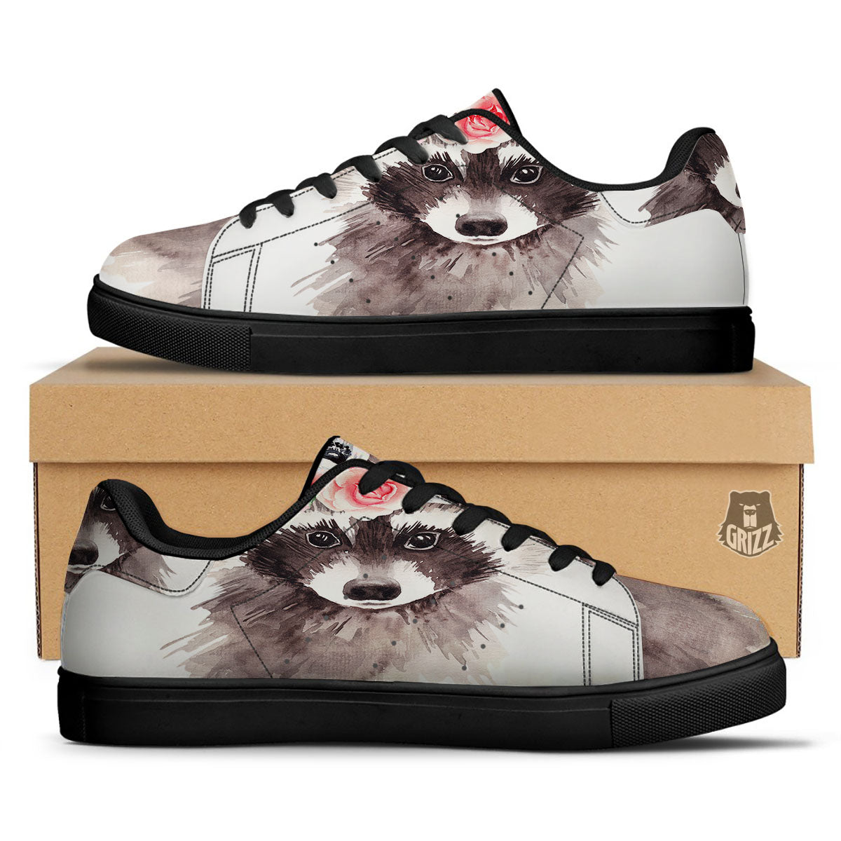 Flower And Raccoon Print Black Low Top Sneakers-grizzshop