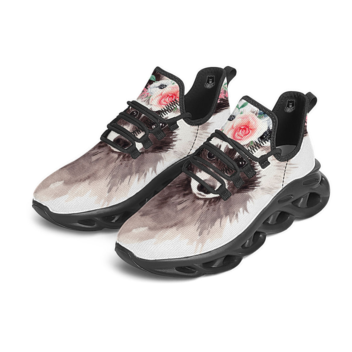 Flower And Raccoon Print Black Running Shoes-grizzshop