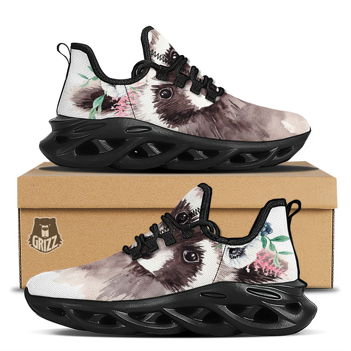 Flower And Raccoon Print Black Running Shoes-grizzshop