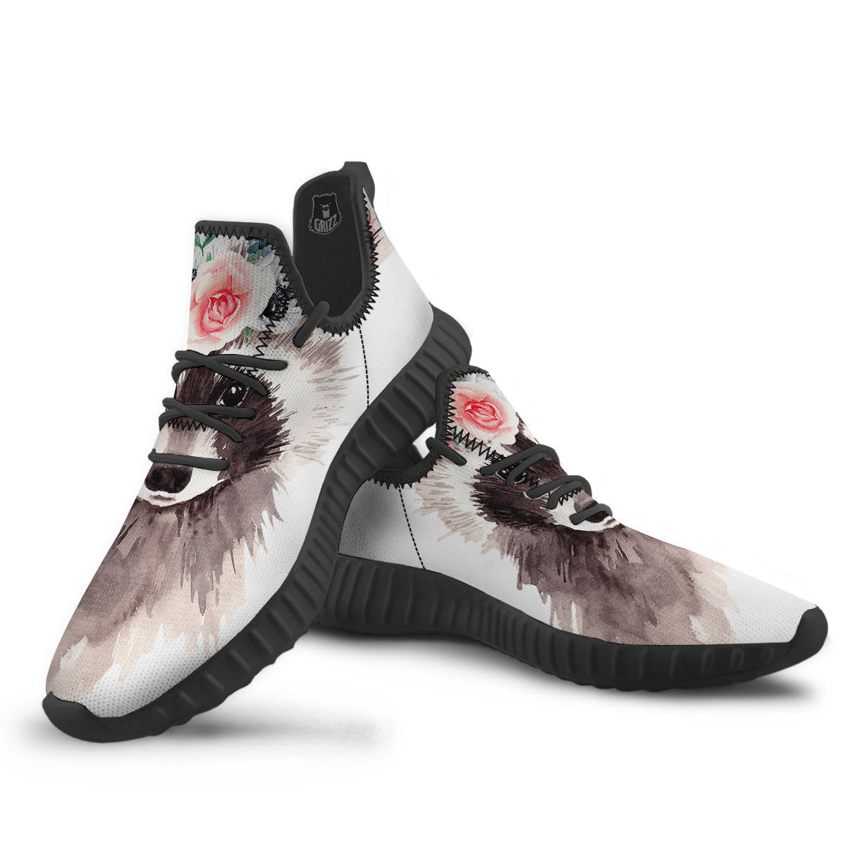 Flower And Raccoon Print Black Walking Shoes-grizzshop