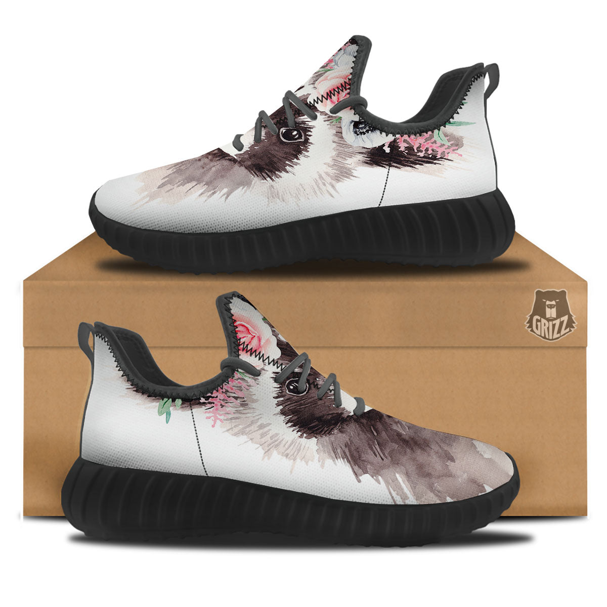 Flower And Raccoon Print Black Walking Shoes-grizzshop