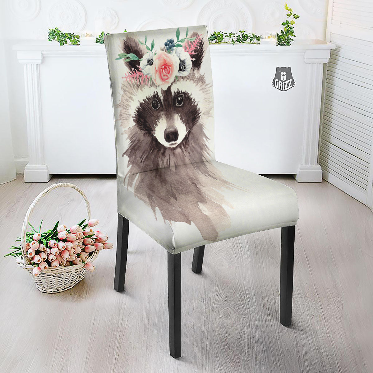 Flower And Raccoon Print Dining Chair Slipcover-grizzshop