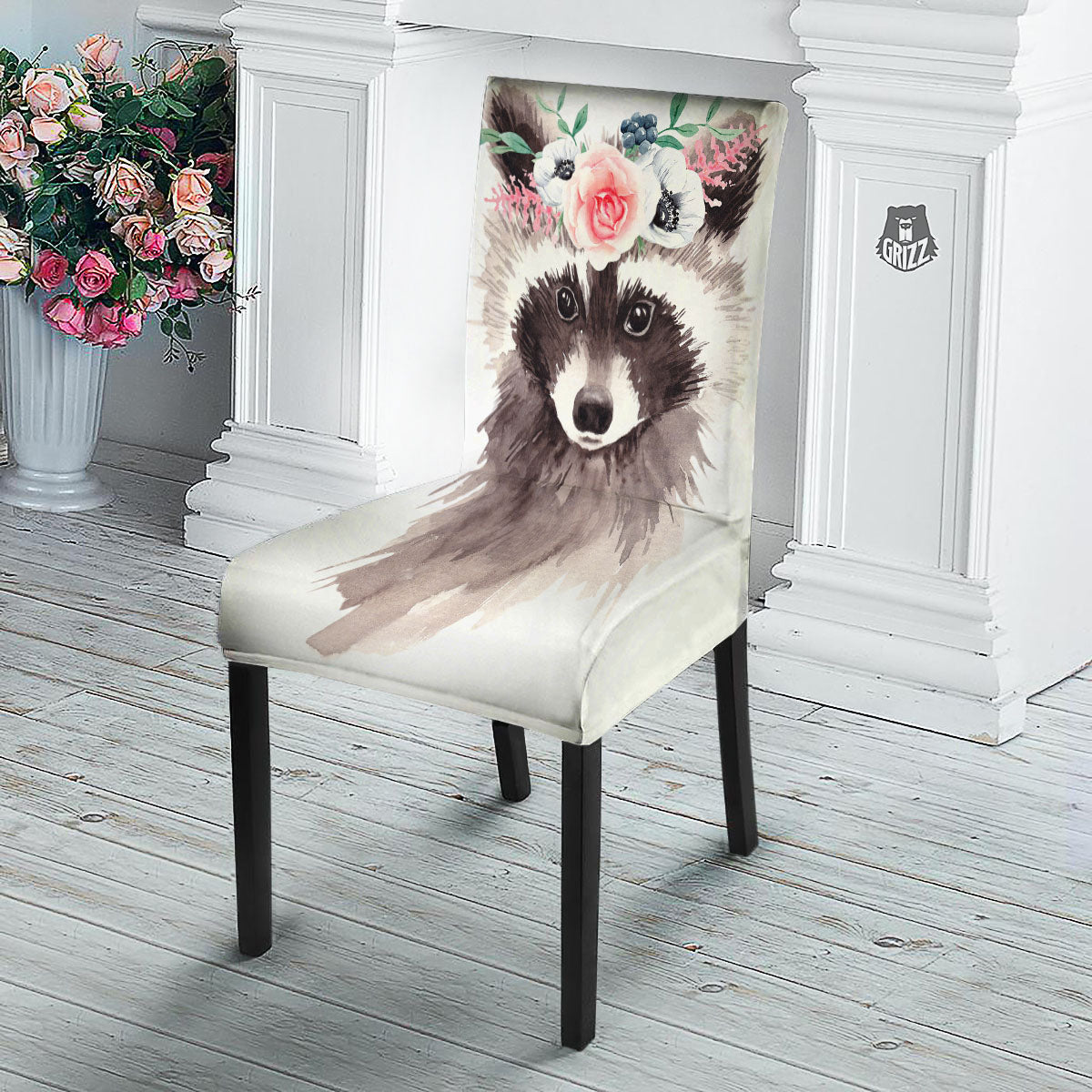 Flower And Raccoon Print Dining Chair Slipcover-grizzshop