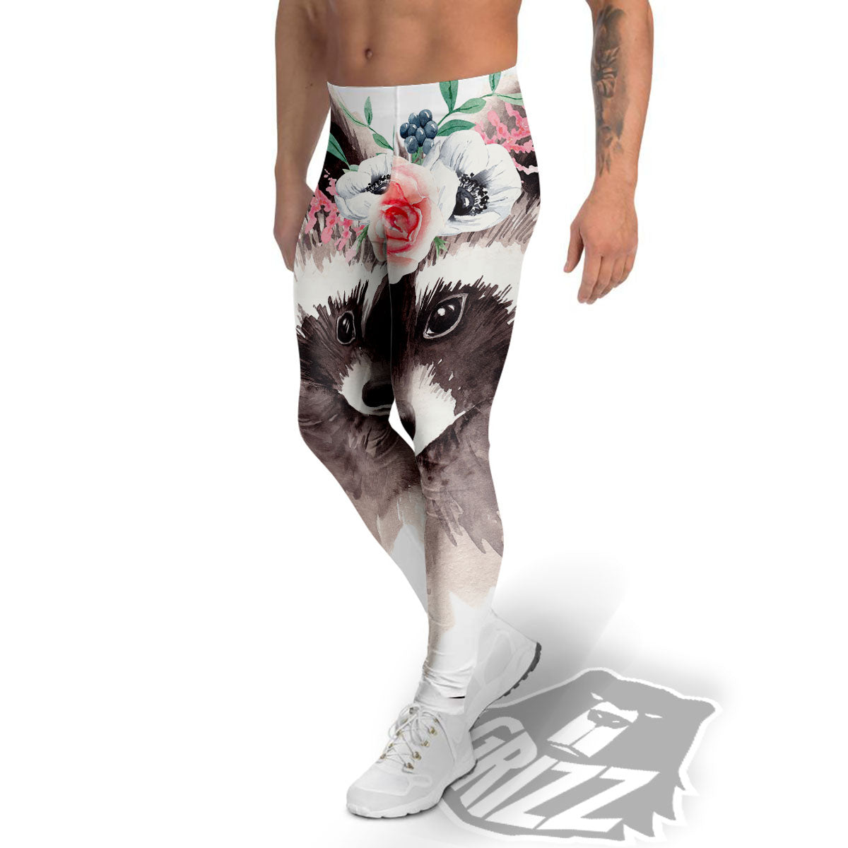 Flower And Raccoon Print Men's Leggings-grizzshop