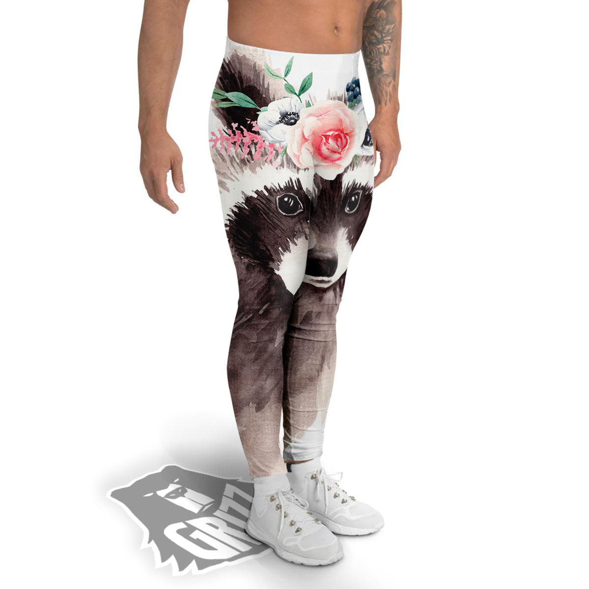 Flower And Raccoon Print Men's Leggings-grizzshop