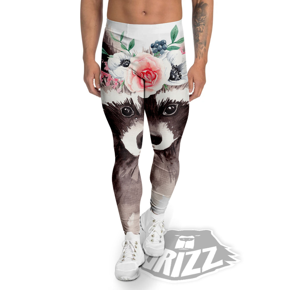 Flower And Raccoon Print Men's Leggings-grizzshop