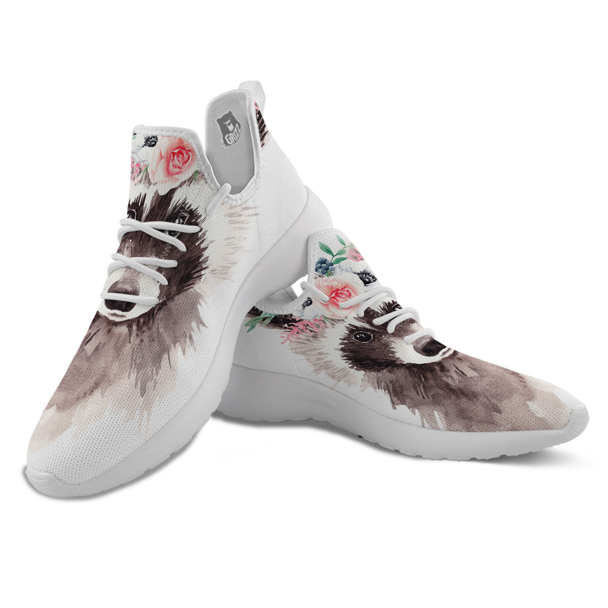 Flower And Raccoon Print White Athletic Shoes-grizzshop