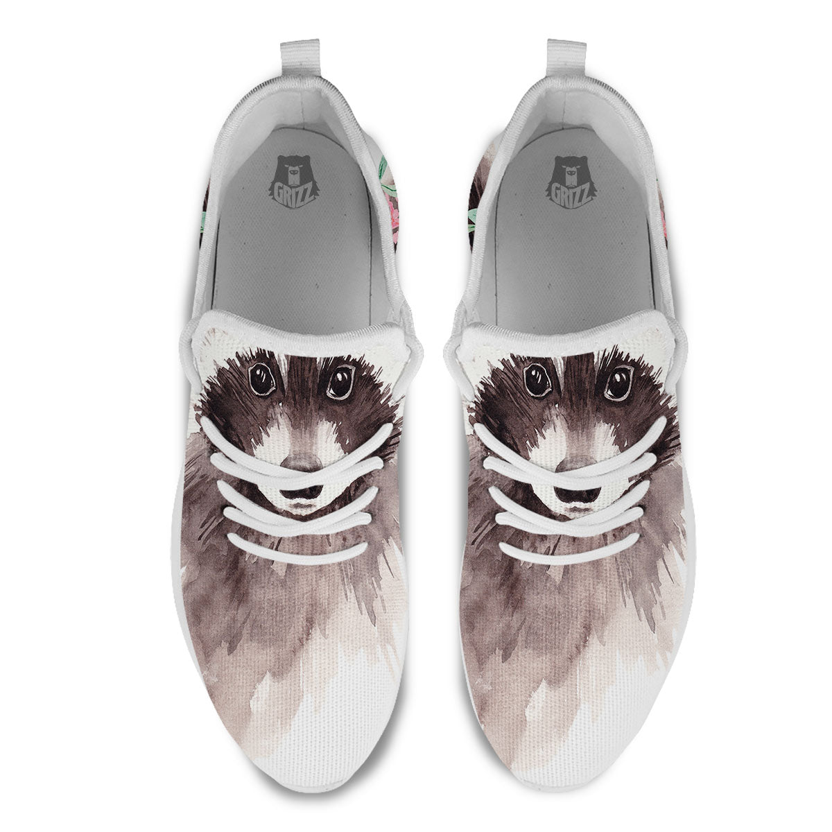 Flower And Raccoon Print White Athletic Shoes-grizzshop