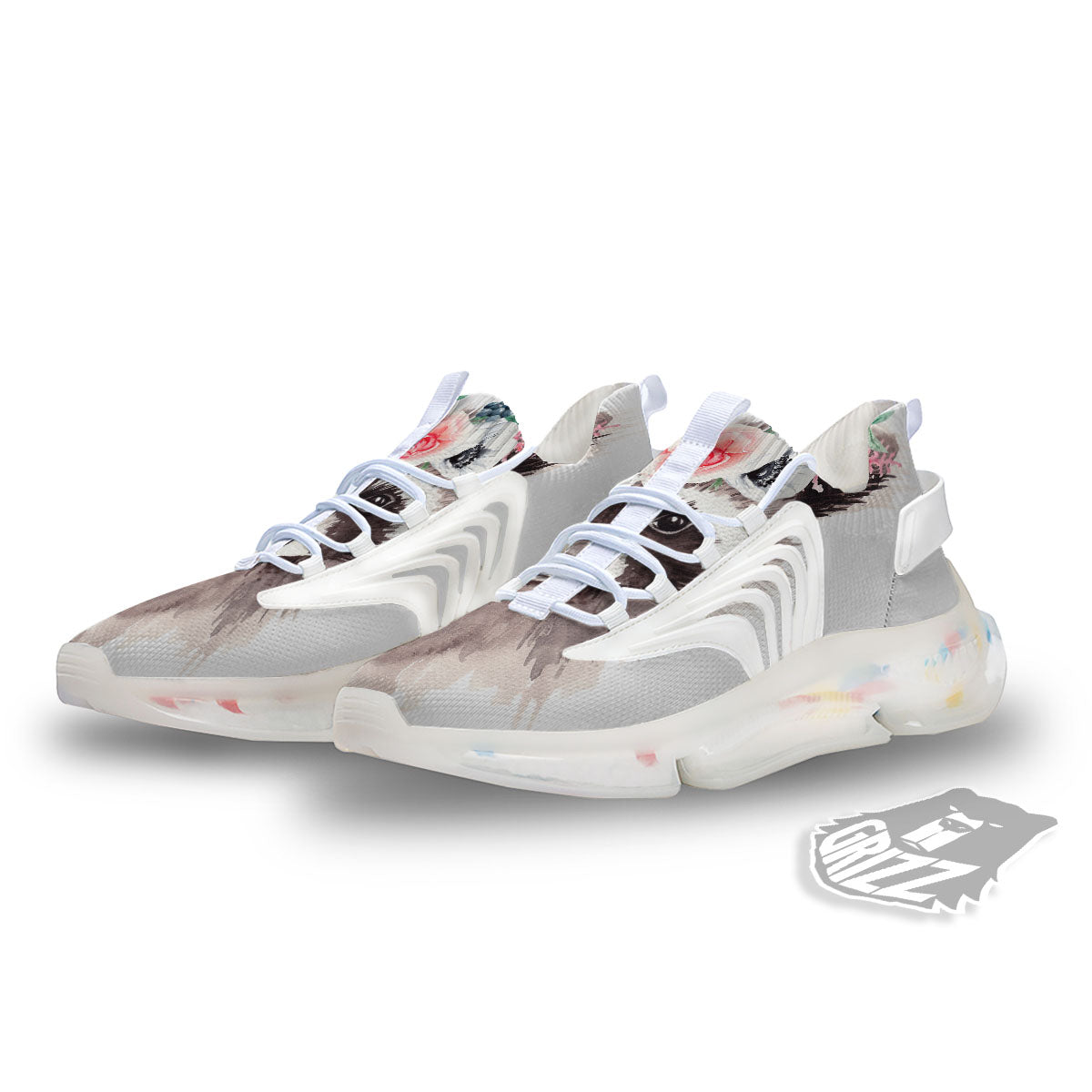 Flower And Raccoon Print White Gym Shoes-grizzshop