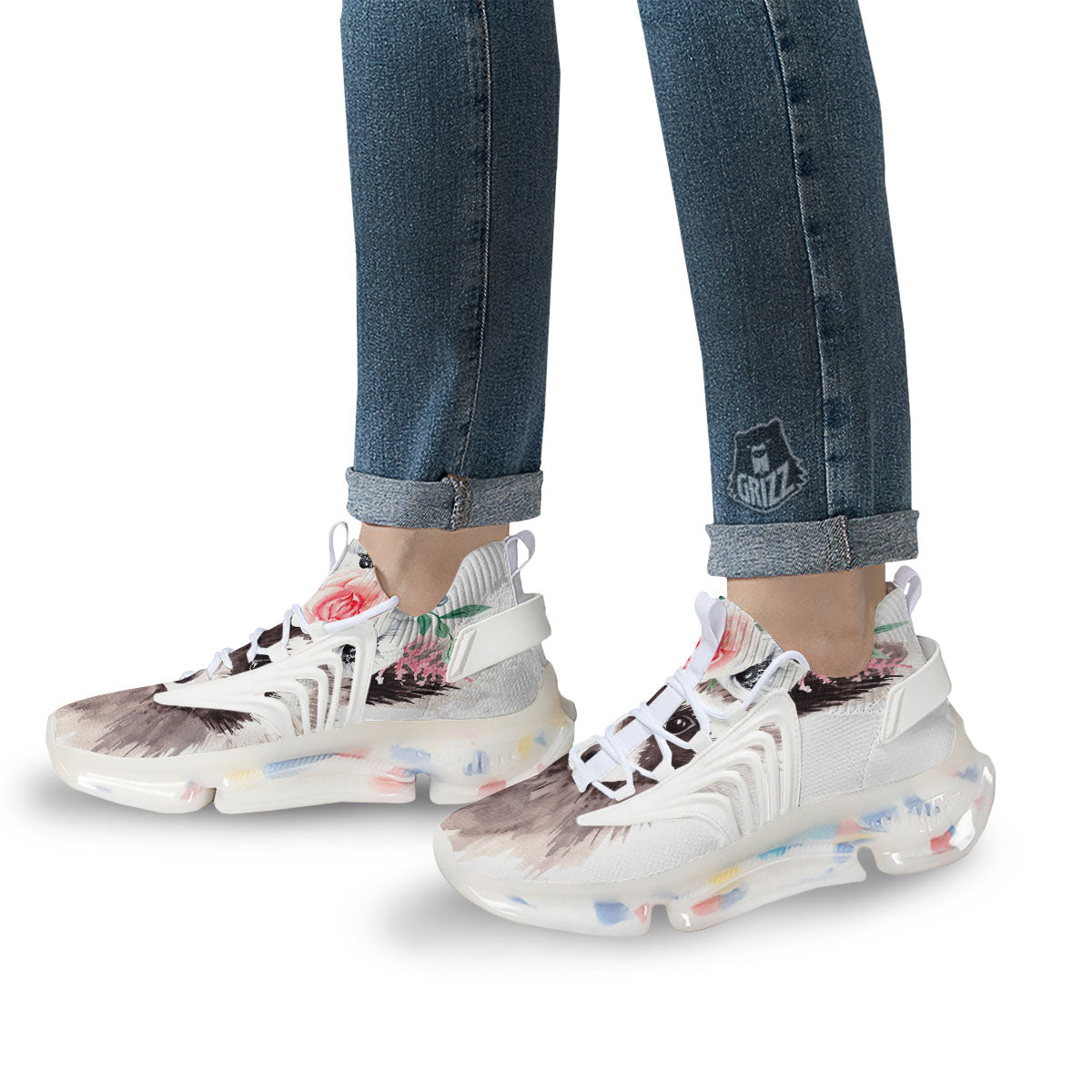 Flower And Raccoon Print White Gym Shoes-grizzshop
