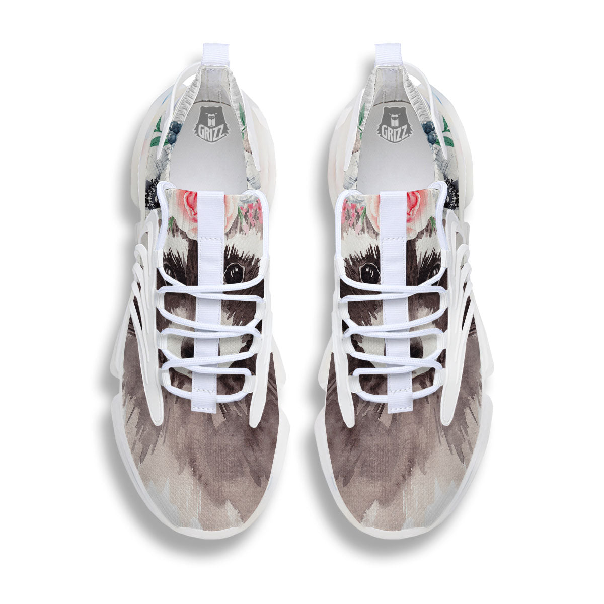 Flower And Raccoon Print White Gym Shoes-grizzshop