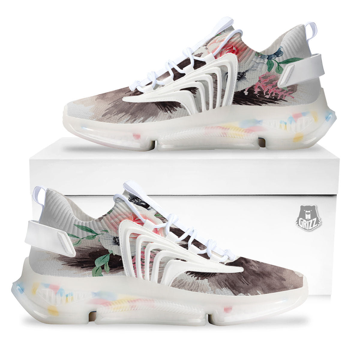 Flower And Raccoon Print White Gym Shoes-grizzshop