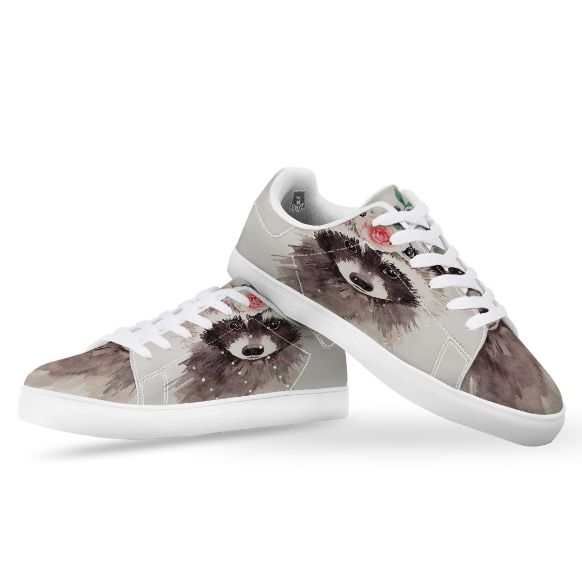 Flower And Raccoon Print White Low Top Sneakers-grizzshop
