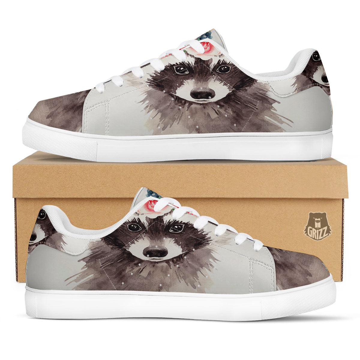 Flower And Raccoon Print White Low Top Sneakers-grizzshop