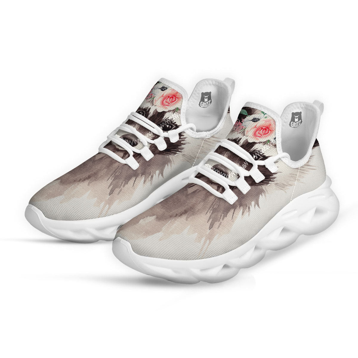 Flower And Raccoon Print White Running Shoes-grizzshop