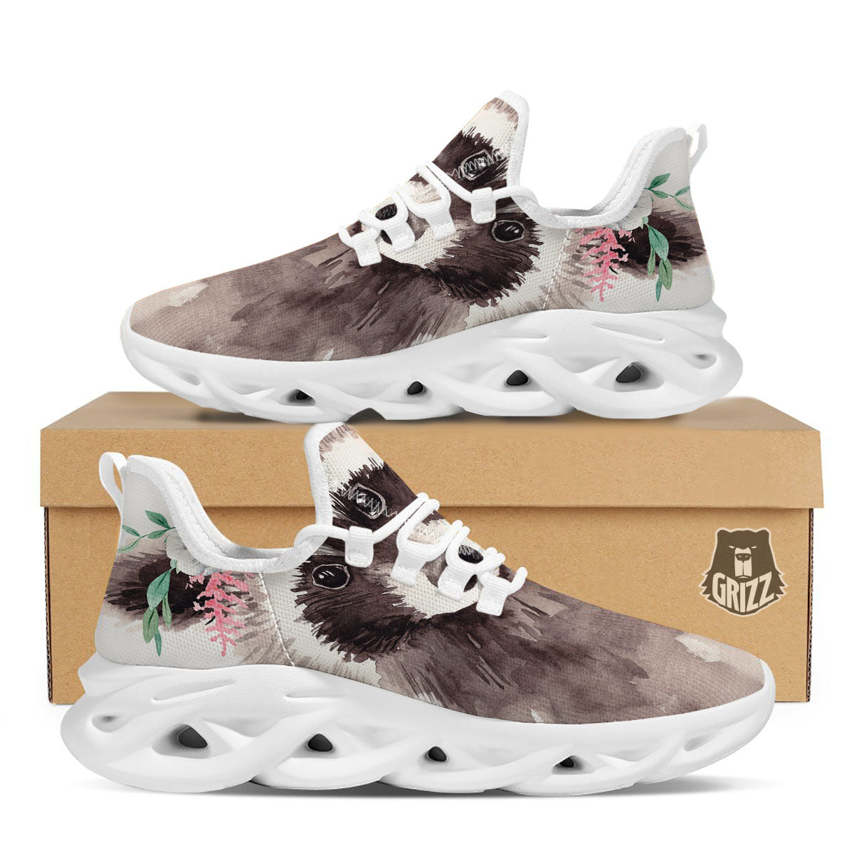 Flower And Raccoon Print White Running Shoes-grizzshop