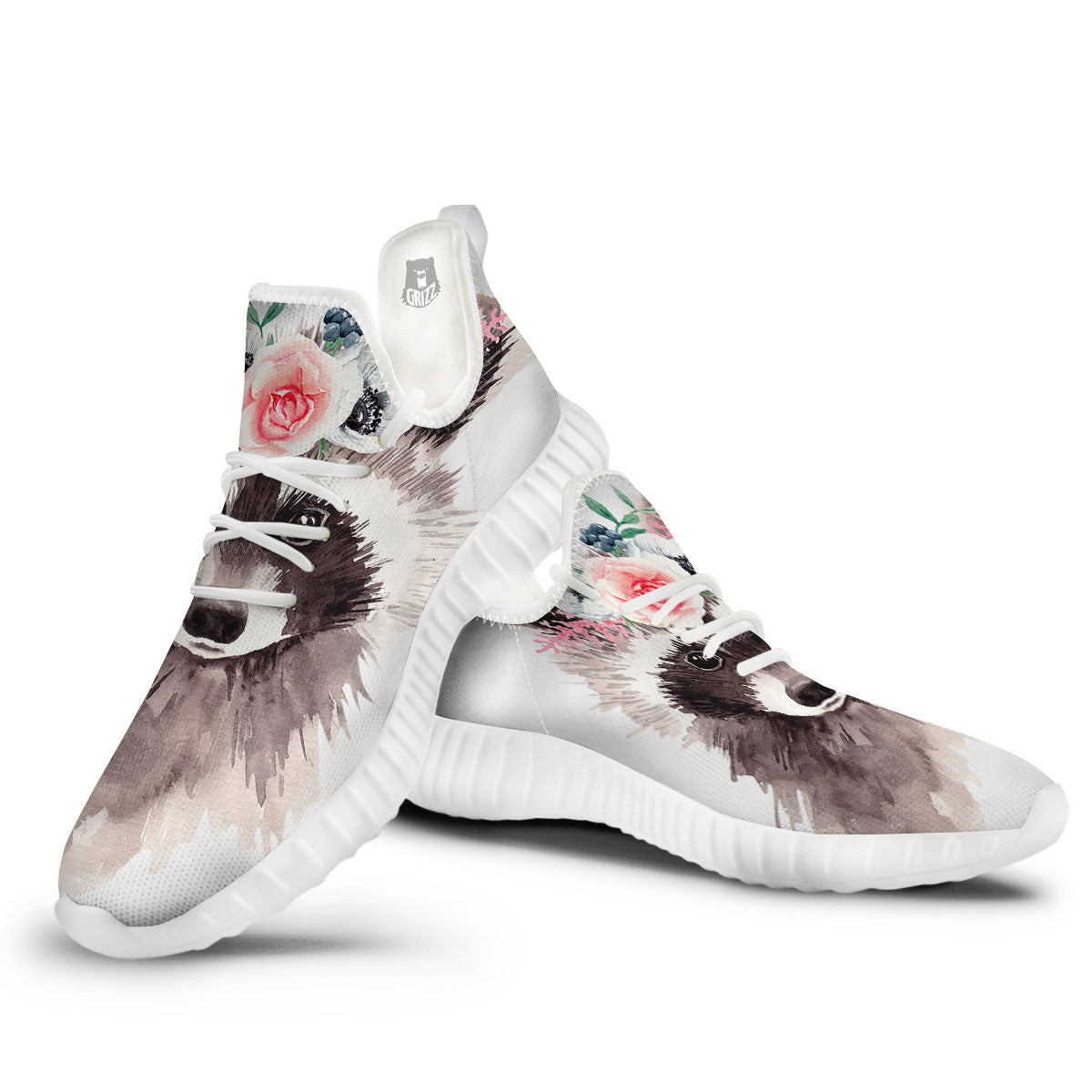 Flower And Raccoon Print White Walking Shoes-grizzshop