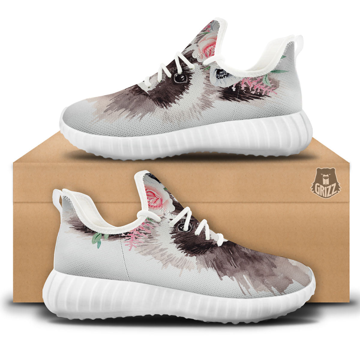 Flower And Raccoon Print White Walking Shoes-grizzshop