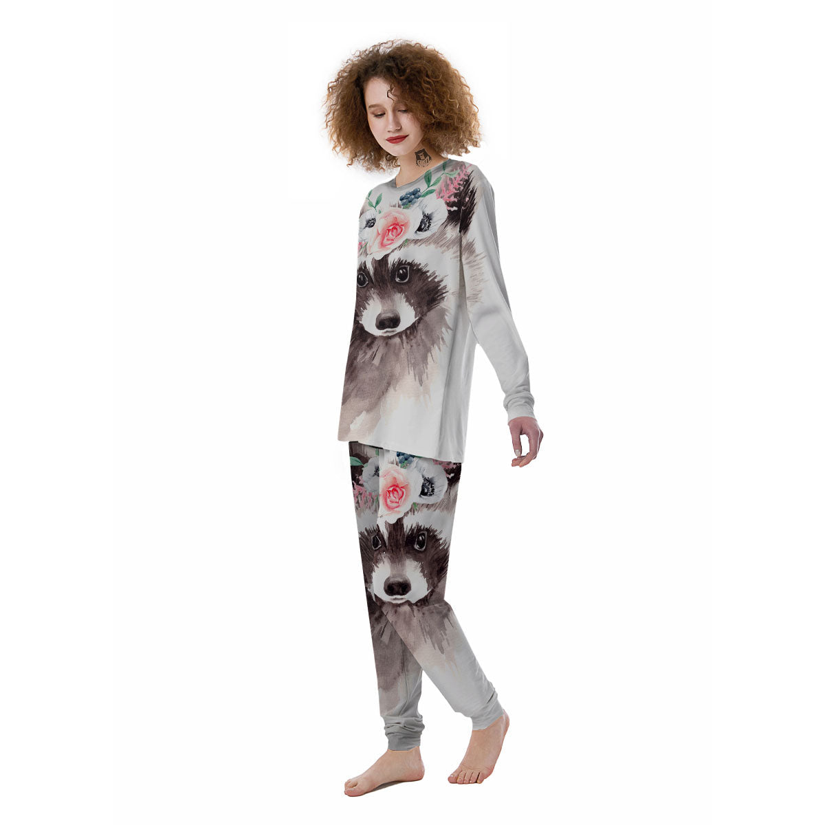 Flower And Raccoon Print Women's Pajamas-grizzshop