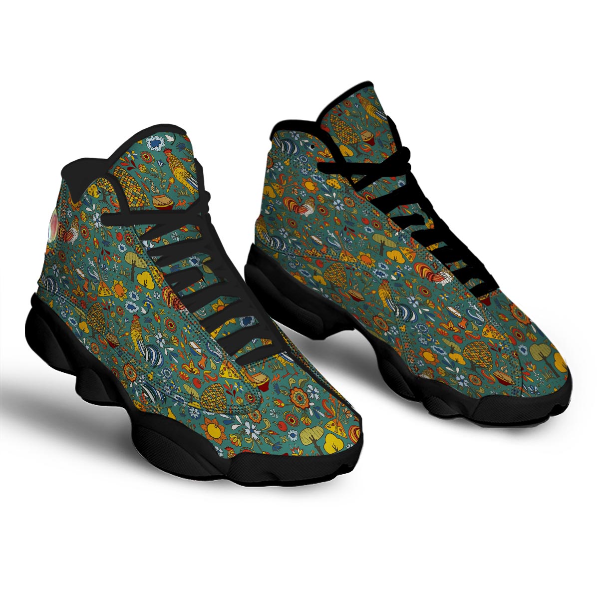 Flower And Rooster Print Pattern Black Basketball Shoes-grizzshop