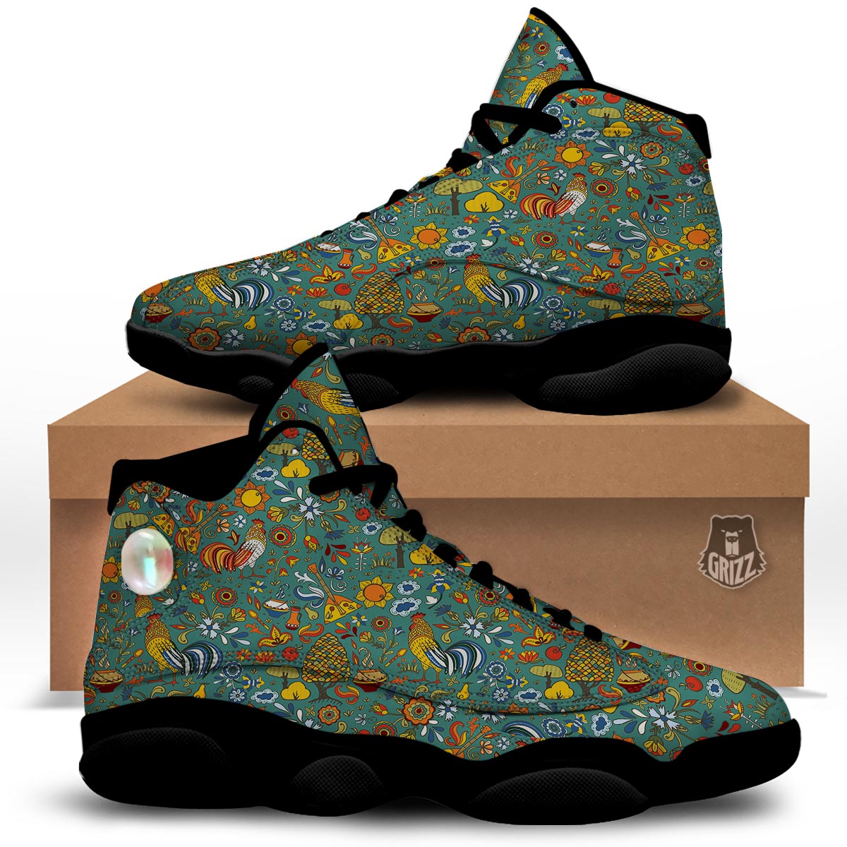 Flower And Rooster Print Pattern Black Basketball Shoes-grizzshop