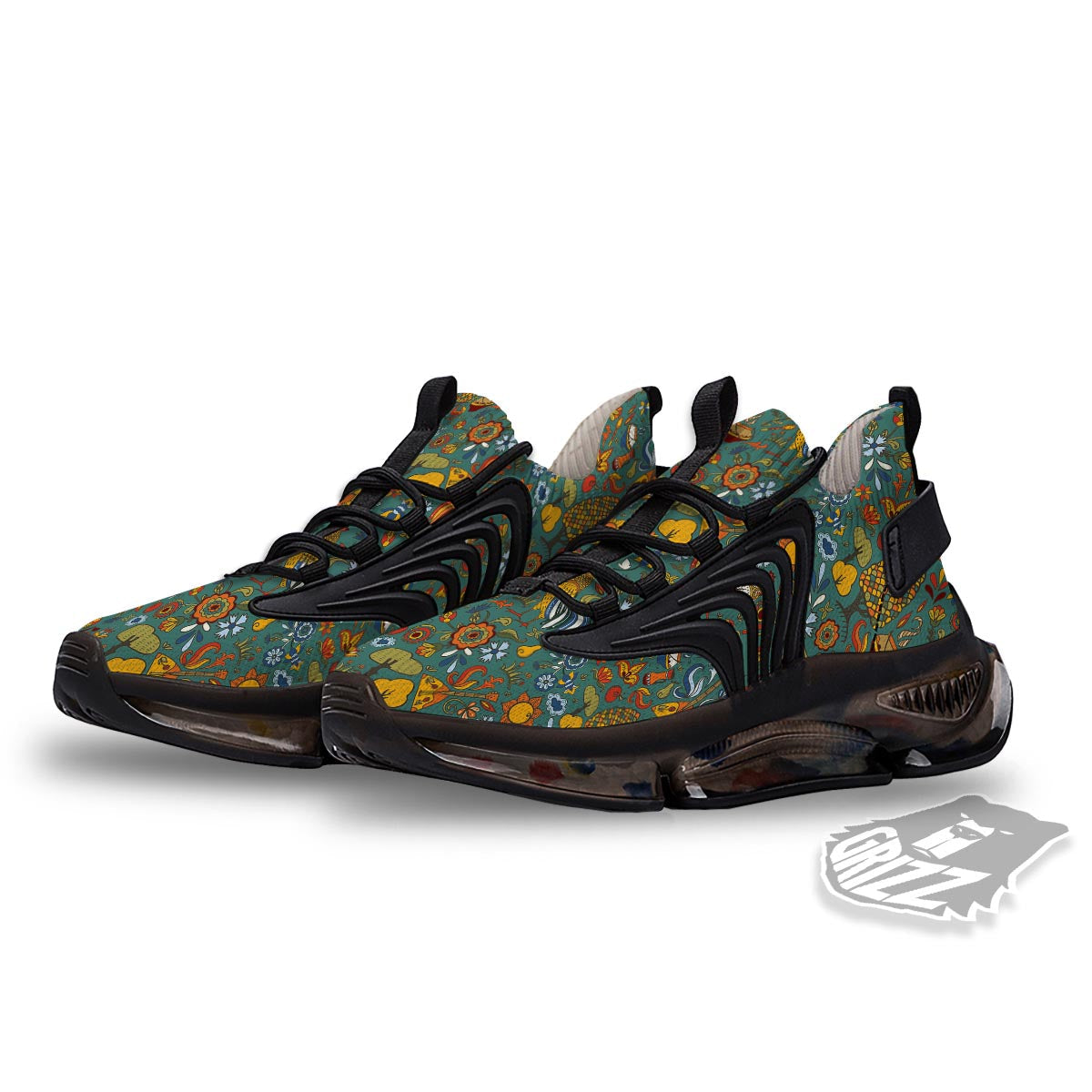 Flower And Rooster Print Pattern Black Gym Shoes-grizzshop