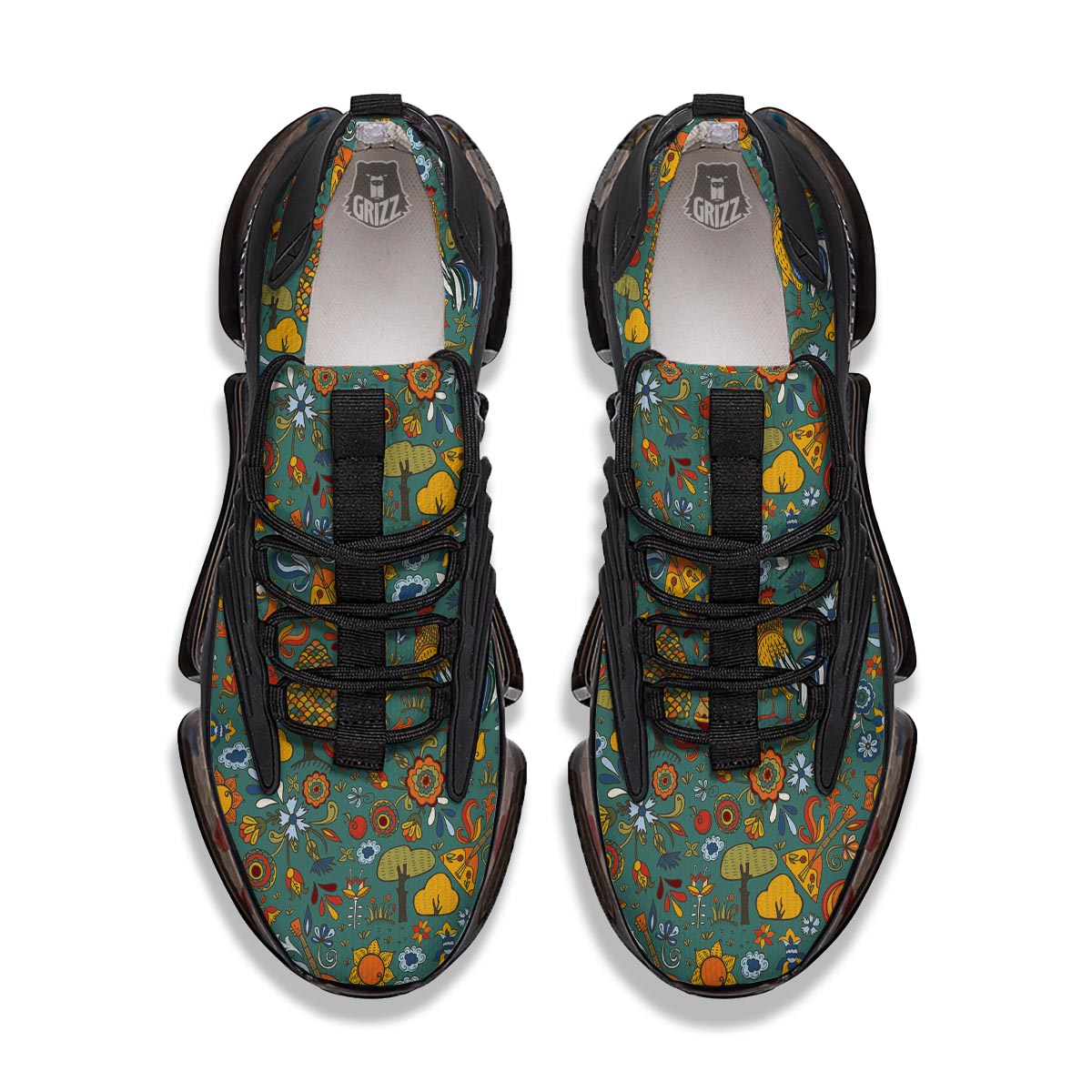 Flower And Rooster Print Pattern Black Gym Shoes-grizzshop
