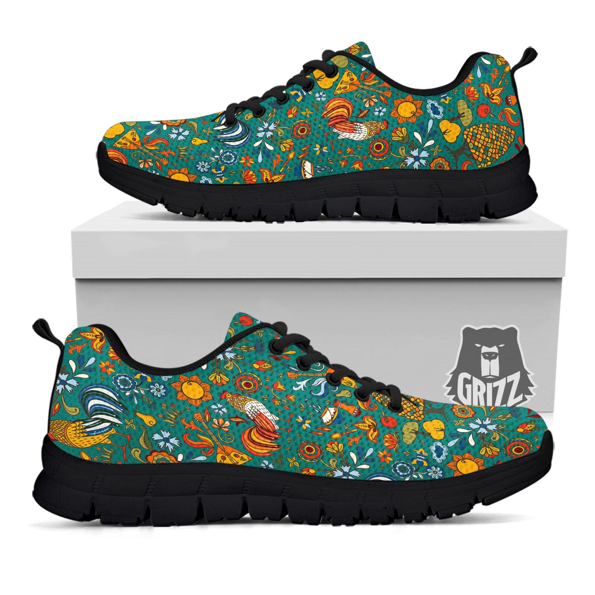 Flower And Rooster Print Pattern Black Sneaker-grizzshop