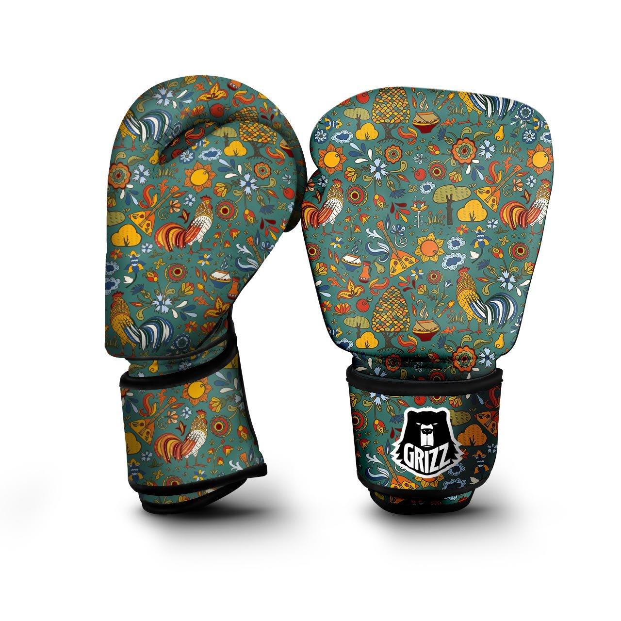 Flower And Rooster Print Pattern Boxing Gloves-grizzshop