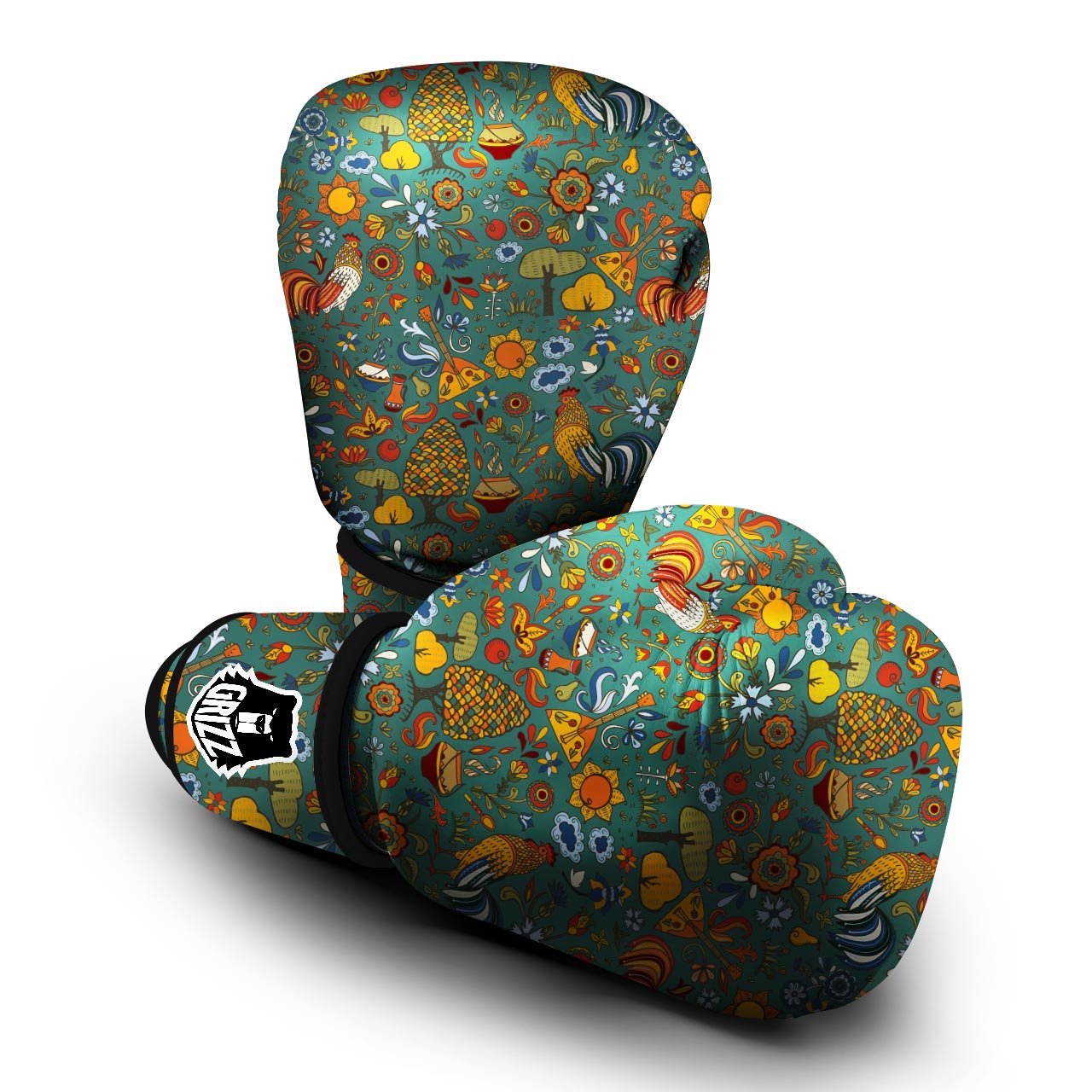 Flower And Rooster Print Pattern Boxing Gloves-grizzshop
