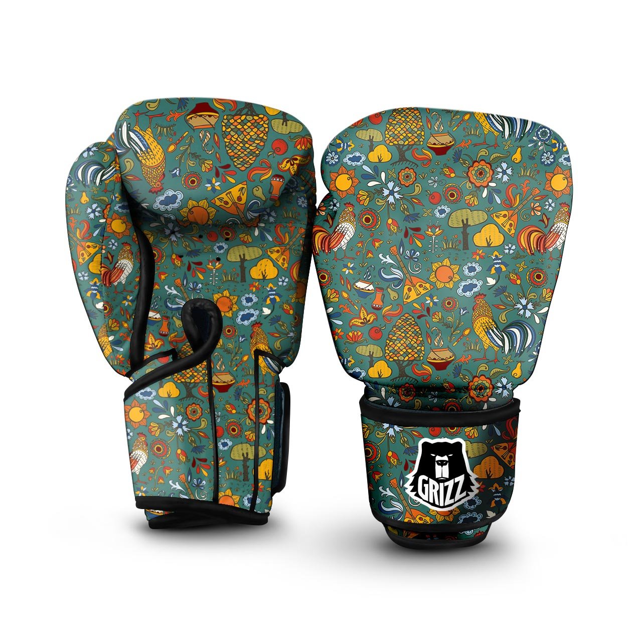 Flower And Rooster Print Pattern Boxing Gloves-grizzshop