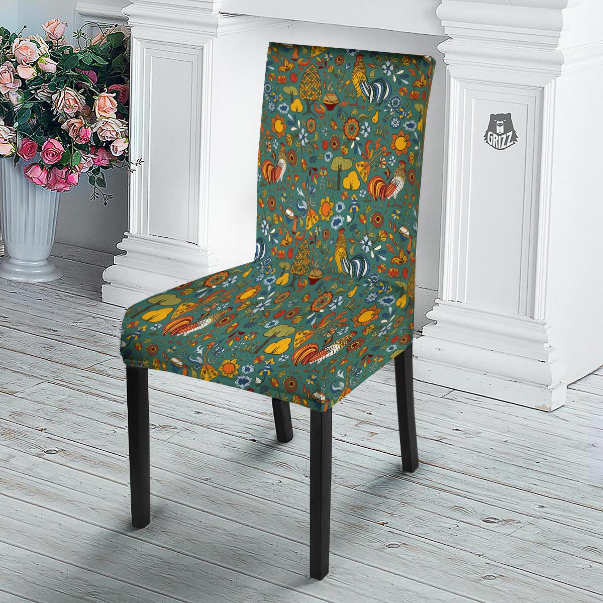Flower And Rooster Print Pattern Dining Chair Slipcover-grizzshop