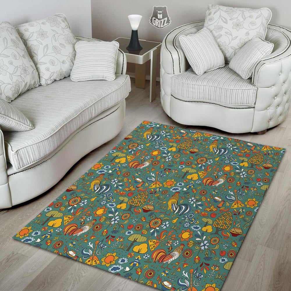 Flower And Rooster Print Pattern Floor Mat-grizzshop