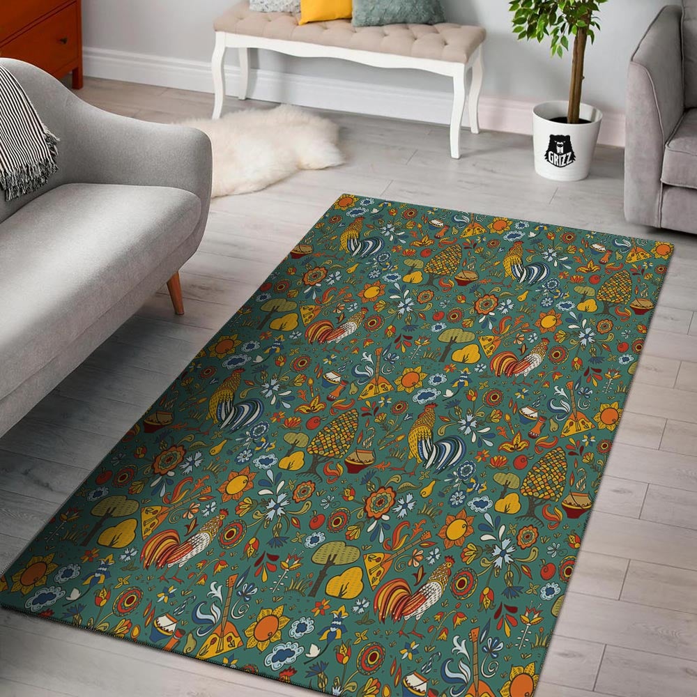 Flower And Rooster Print Pattern Floor Mat-grizzshop