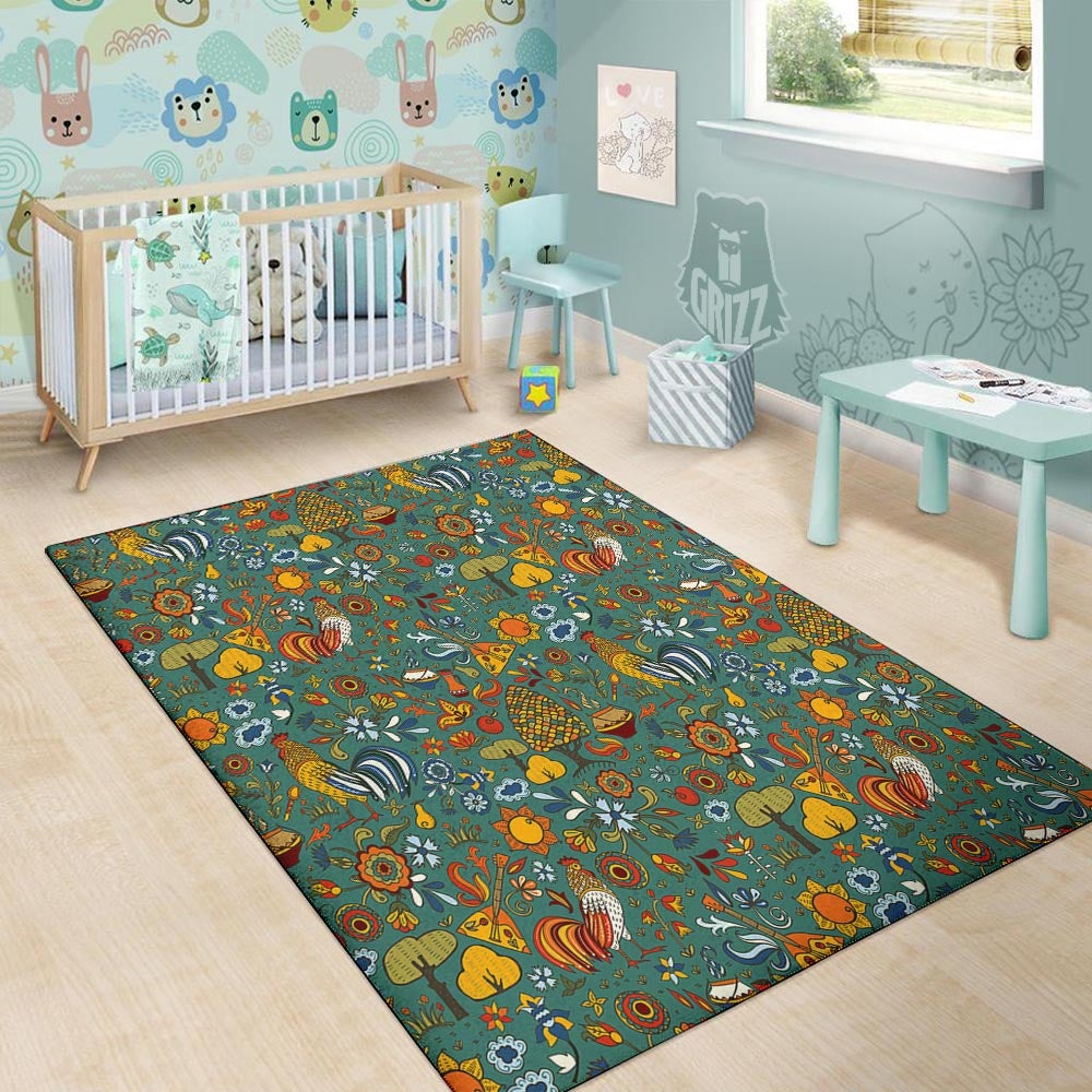Flower And Rooster Print Pattern Floor Mat-grizzshop