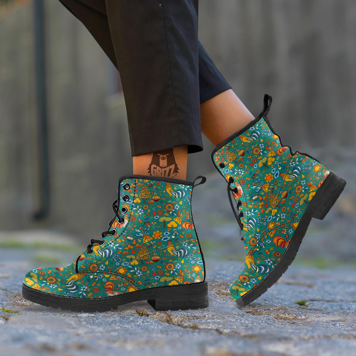 Flower And Rooster Print Pattern Leather Boots-grizzshop